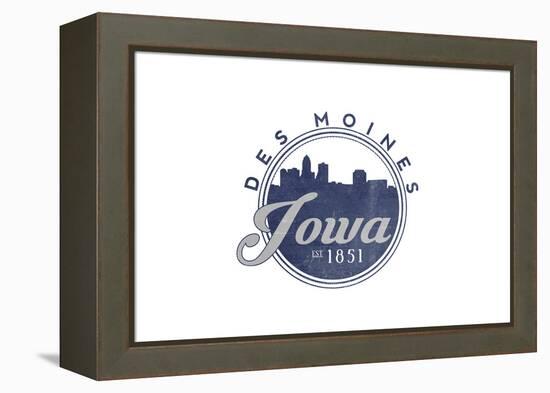 Des Moines, Iowa - Skyline Seal (Blue)-Lantern Press-Framed Stretched Canvas