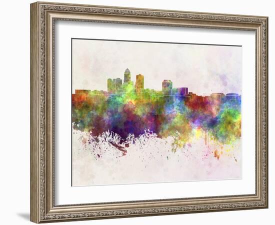 Des Moines Skyline in Watercolor Background-paulrommer-Framed Art Print