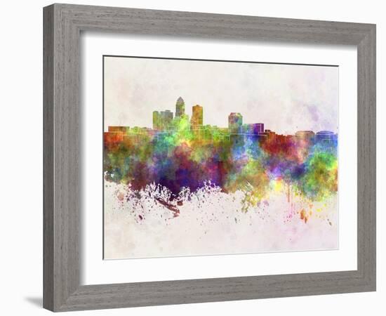 Des Moines Skyline in Watercolor Background-paulrommer-Framed Art Print