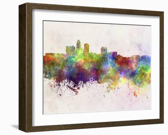 Des Moines Skyline in Watercolor Background-paulrommer-Framed Art Print