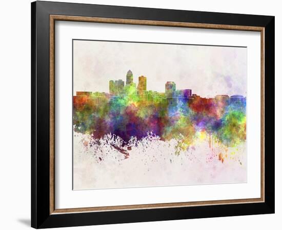 Des Moines Skyline in Watercolor Background-paulrommer-Framed Art Print