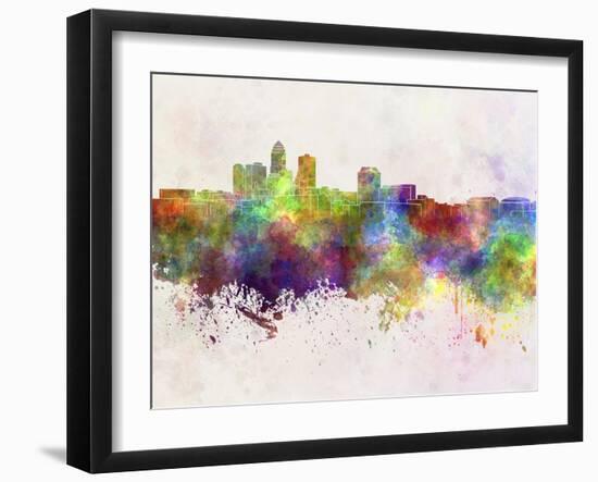 Des Moines Skyline in Watercolor Background-paulrommer-Framed Art Print