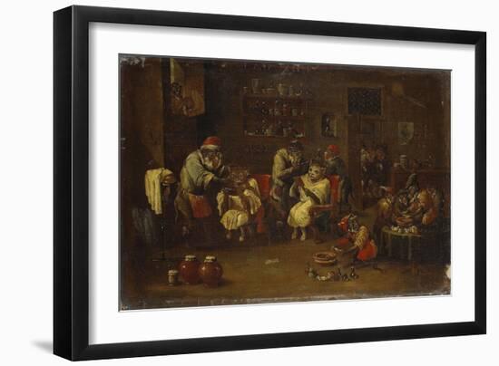 Des singes barbiers rasent et coiffent des chats-null-Framed Giclee Print