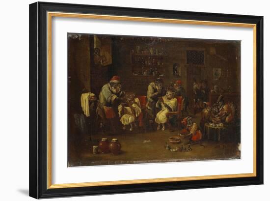 Des singes barbiers rasent et coiffent des chats-null-Framed Giclee Print