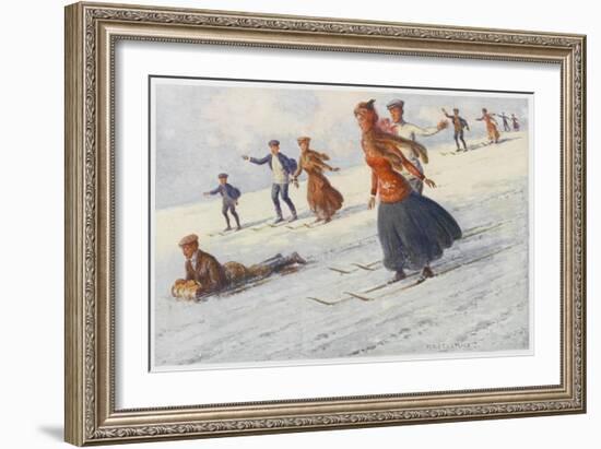 Descending the Slopes of Mount Kosciusko Australia, Some on Sledge Some on Ski-Percy F.s. Spence-Framed Art Print