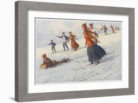 Descending the Slopes of Mount Kosciusko Australia, Some on Sledge Some on Ski-Percy F.s. Spence-Framed Art Print