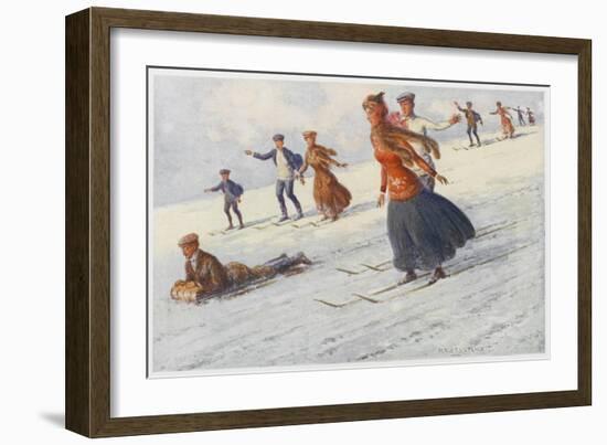 Descending the Slopes of Mount Kosciusko Australia, Some on Sledge Some on Ski-Percy F.s. Spence-Framed Art Print