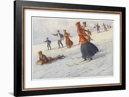 Descending the Slopes of Mount Kosciusko Australia, Some on Sledge Some on Ski-Percy F.s. Spence-Framed Art Print