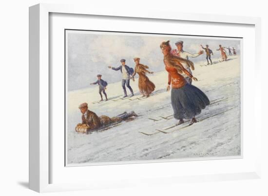 Descending the Slopes of Mount Kosciusko Australia, Some on Sledge Some on Ski-Percy F.s. Spence-Framed Art Print