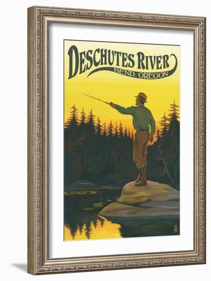 Deschutes River - Bend, Oregon - Fisherman Casting-Lantern Press-Framed Art Print