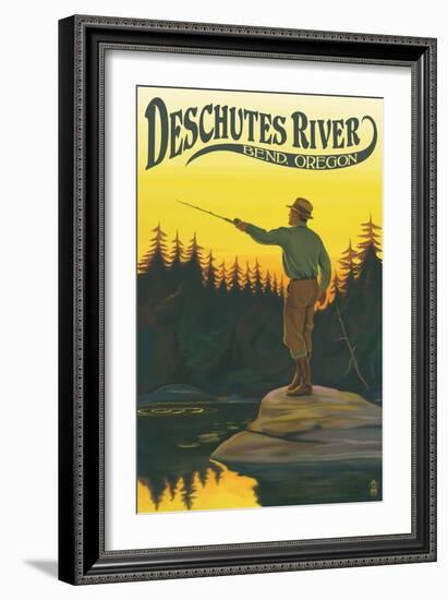 Deschutes River - Bend, Oregon - Fisherman Casting-Lantern Press-Framed Art Print