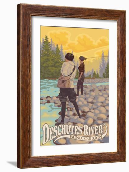 Deschutes River - Bend, Oregon - Women Fishing-Lantern Press-Framed Art Print