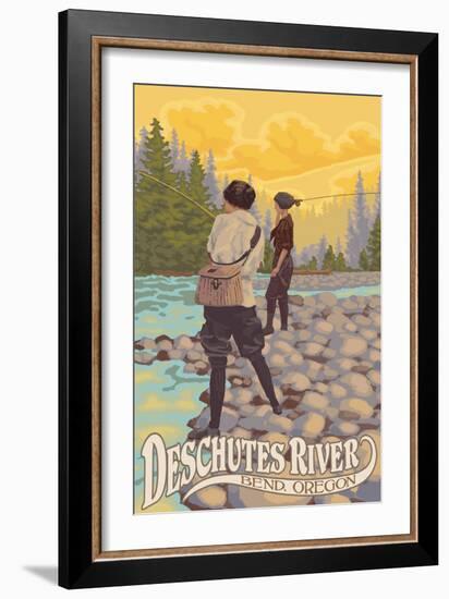 Deschutes River - Bend, Oregon - Women Fishing-Lantern Press-Framed Art Print