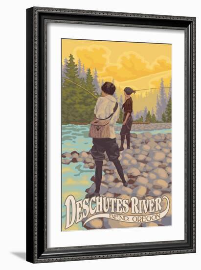 Deschutes River - Bend, Oregon - Women Fishing-Lantern Press-Framed Art Print