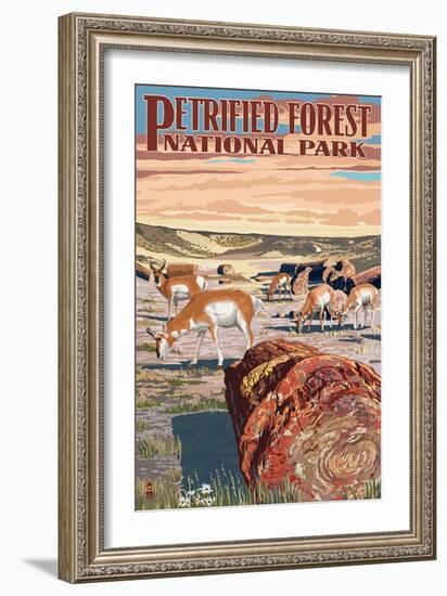 Desert and Antelope - Petrified Forest National Park-Lantern Press-Framed Art Print