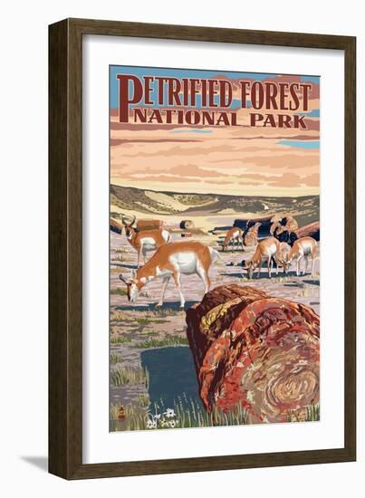 Desert and Antelope - Petrified Forest National Park-Lantern Press-Framed Art Print