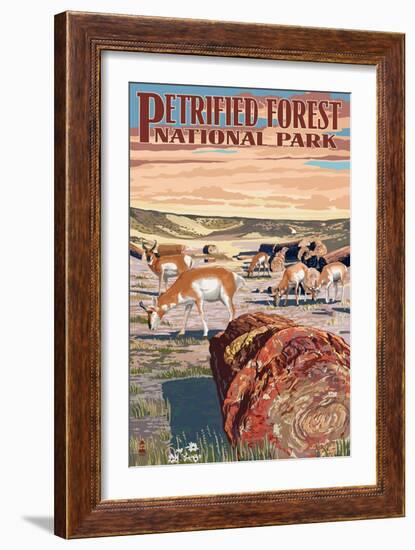 Desert and Antelope - Petrified Forest National Park-Lantern Press-Framed Art Print