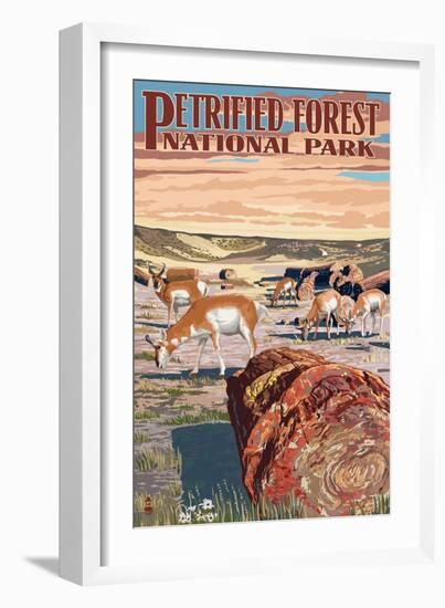 Desert and Antelope - Petrified Forest National Park-Lantern Press-Framed Art Print