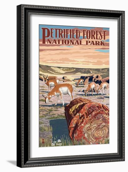 Desert and Antelope - Petrified Forest National Park-Lantern Press-Framed Art Print