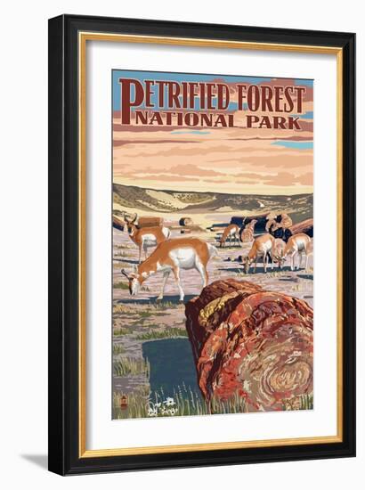 Desert and Antelope - Petrified Forest National Park-Lantern Press-Framed Art Print