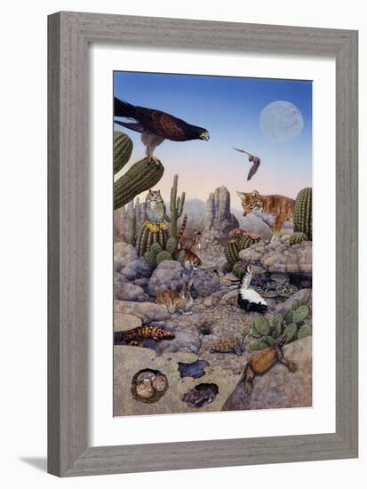 Desert Scene with Falcon and Cactus, a Fox and Other Desert Animals-Tim Knepp-Framed Giclee Print