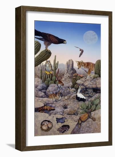 Desert Scene with Falcon and Cactus, a Fox and Other Desert Animals-Tim Knepp-Framed Giclee Print