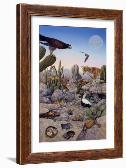 Desert Scene with Falcon and Cactus, a Fox and Other Desert Animals-Tim Knepp-Framed Giclee Print