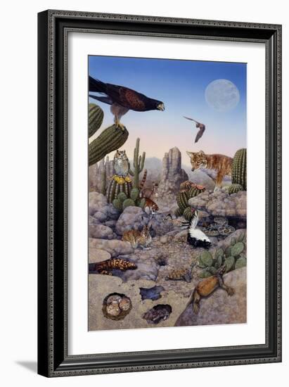 Desert Scene with Falcon and Cactus, a Fox and Other Desert Animals-Tim Knepp-Framed Giclee Print