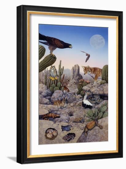 Desert Scene with Falcon and Cactus, a Fox and Other Desert Animals-Tim Knepp-Framed Giclee Print