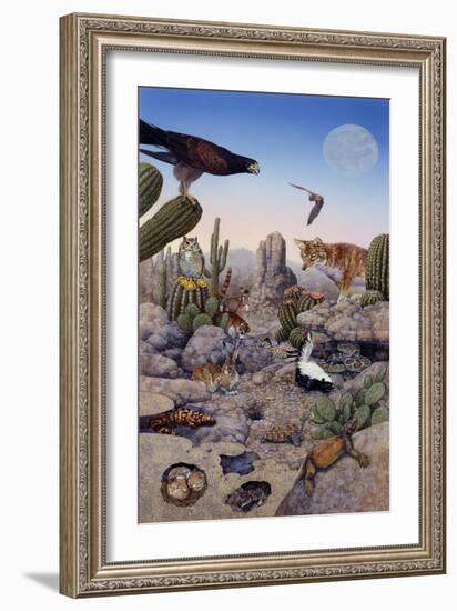 Desert Scene with Falcon and Cactus, a Fox and Other Desert Animals-Tim Knepp-Framed Premium Giclee Print