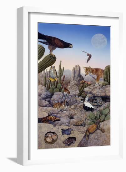 Desert Scene with Falcon and Cactus, a Fox and Other Desert Animals-Tim Knepp-Framed Premium Giclee Print