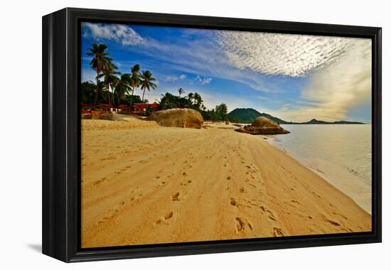 Deserted Morning Beach With Golden Sand And Footprints-vitalytitov-Framed Premier Image Canvas