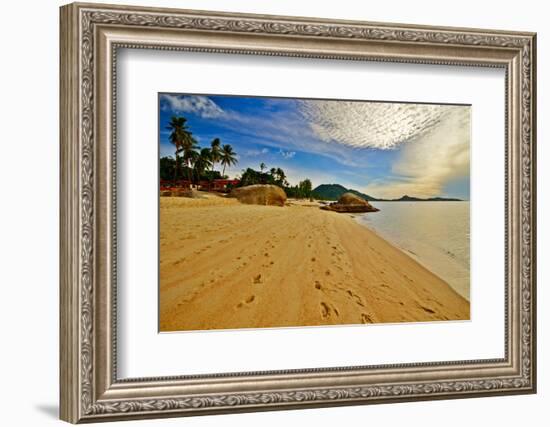 Deserted Morning Beach With Golden Sand And Footprints-vitalytitov-Framed Photographic Print