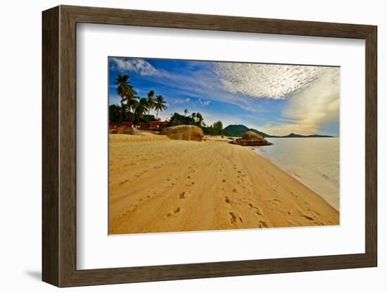 Deserted Morning Beach With Golden Sand And Footprints-vitalytitov-Framed Photographic Print