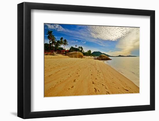 Deserted Morning Beach With Golden Sand And Footprints-vitalytitov-Framed Photographic Print