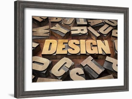 Design Concept in Vintage Letterpress Wood Printing Blocks-PixelsAway-Framed Art Print