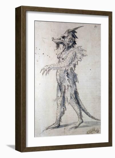 Design for a Dragon (Pen, Blue Ink and Watercolour on Paper)-Giuseppe Arcimboldo-Framed Giclee Print