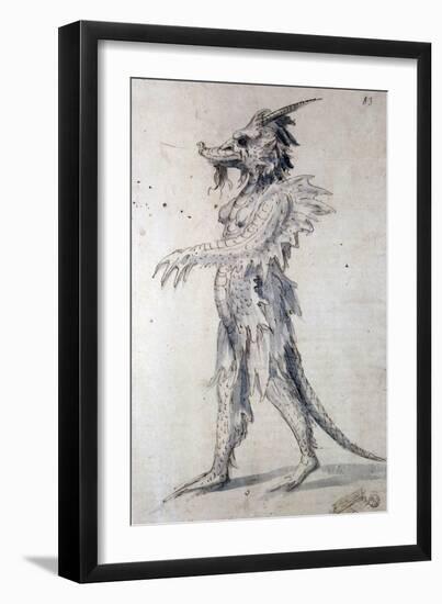 Design for a Dragon (Pen, Blue Ink and Watercolour on Paper)-Giuseppe Arcimboldo-Framed Giclee Print