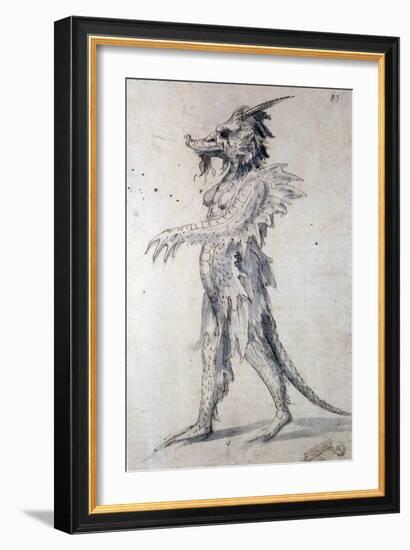 Design for a Dragon (Pen, Blue Ink and Watercolour on Paper)-Giuseppe Arcimboldo-Framed Giclee Print