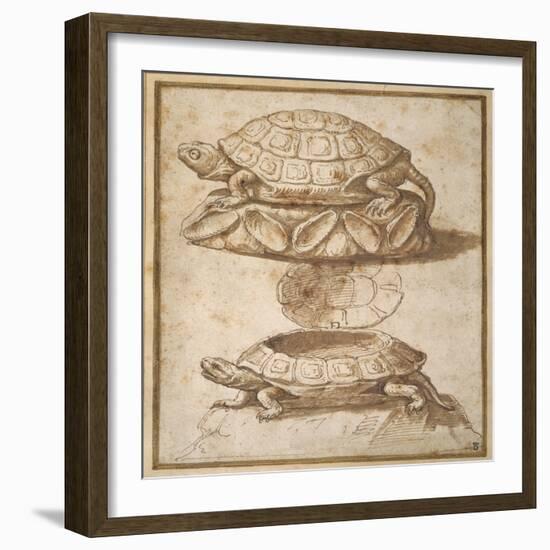 Design for a Lidded Box in the Shape of a Tortoise, Shown Open and Shut-Giulio Romano-Framed Giclee Print