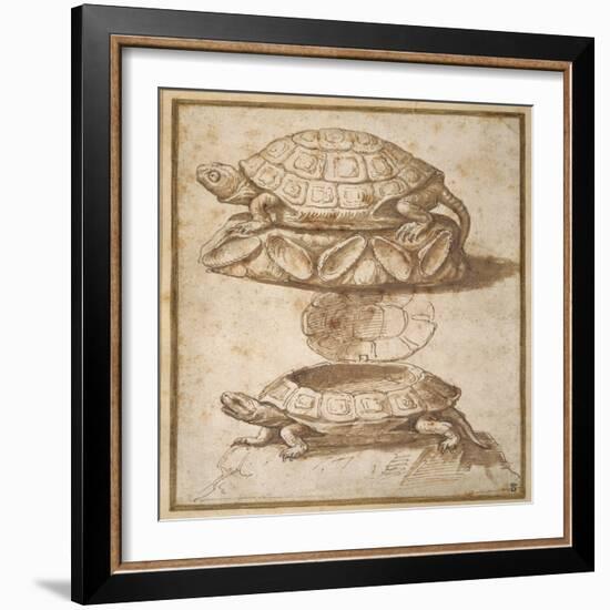 Design for a Lidded Box in the Shape of a Tortoise, Shown Open and Shut-Giulio Romano-Framed Giclee Print