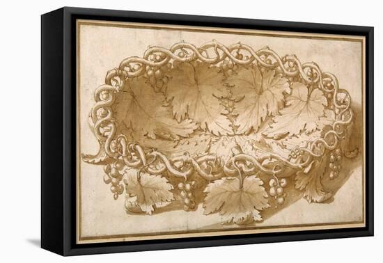 Design for an Oval Fruit Bowl, with Vine Tendrils, Leaves and Grapes-Giulio Romano-Framed Premier Image Canvas