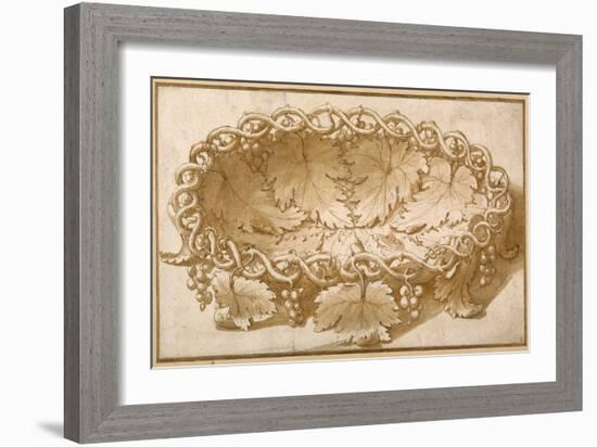 Design for an Oval Fruit Bowl, with Vine Tendrils, Leaves and Grapes-Giulio Romano-Framed Giclee Print