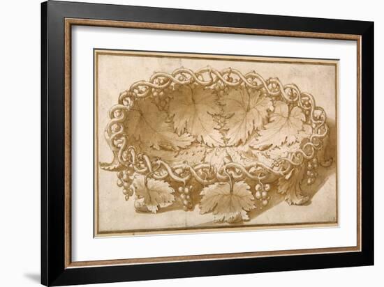 Design for an Oval Fruit Bowl, with Vine Tendrils, Leaves and Grapes-Giulio Romano-Framed Giclee Print