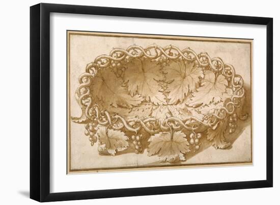 Design for an Oval Fruit Bowl, with Vine Tendrils, Leaves and Grapes-Giulio Romano-Framed Giclee Print