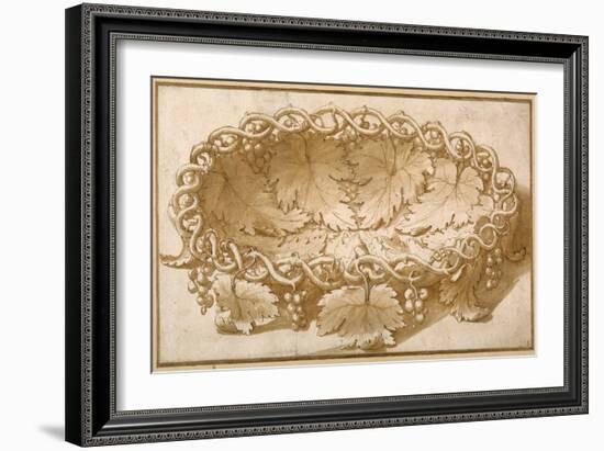 Design for an Oval Fruit Bowl, with Vine Tendrils, Leaves and Grapes-Giulio Romano-Framed Giclee Print