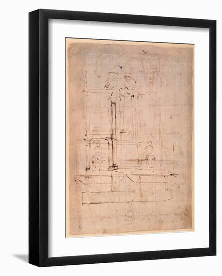 Design for the Tomb of Pope Julius Ii (1453-1513) (Brown Ink on Paper) (Verso)-Michelangelo Buonarroti-Framed Giclee Print
