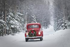 Man Driving A Vintage 1941 Ford Pickup With A Christmas Wreath On The Front During Winter-Design Pics-Photographic Print