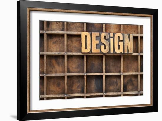 Design Word in Vintage Letterpress Wood Type against Divider Pattern of a Grunge Typesetter Case-PixelsAway-Framed Art Print