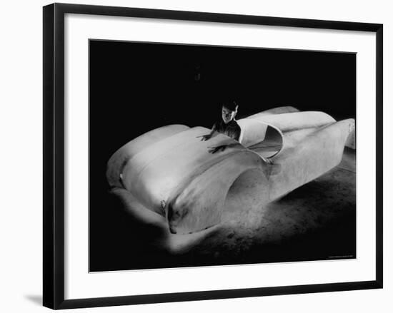 Designer Bill Tritt Inspecting the First Production Model Body of His Plastic Car-J^ R^ Eyerman-Framed Premium Photographic Print